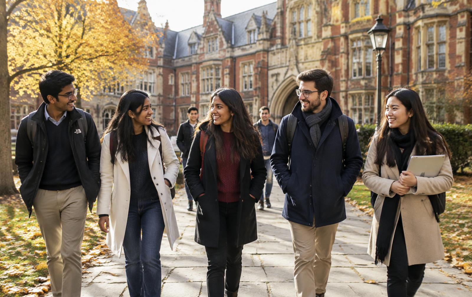 International students walking across a university campus in autumn