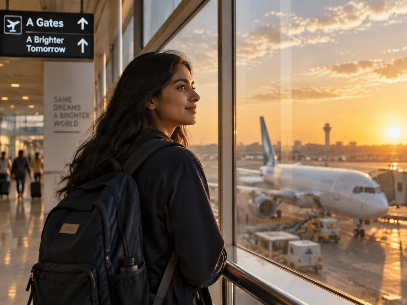 Student at an airport window watching a plane at sunset